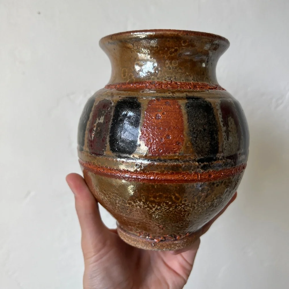 Stoneware hand made vase metallic glaze bronze orange mid century pottery